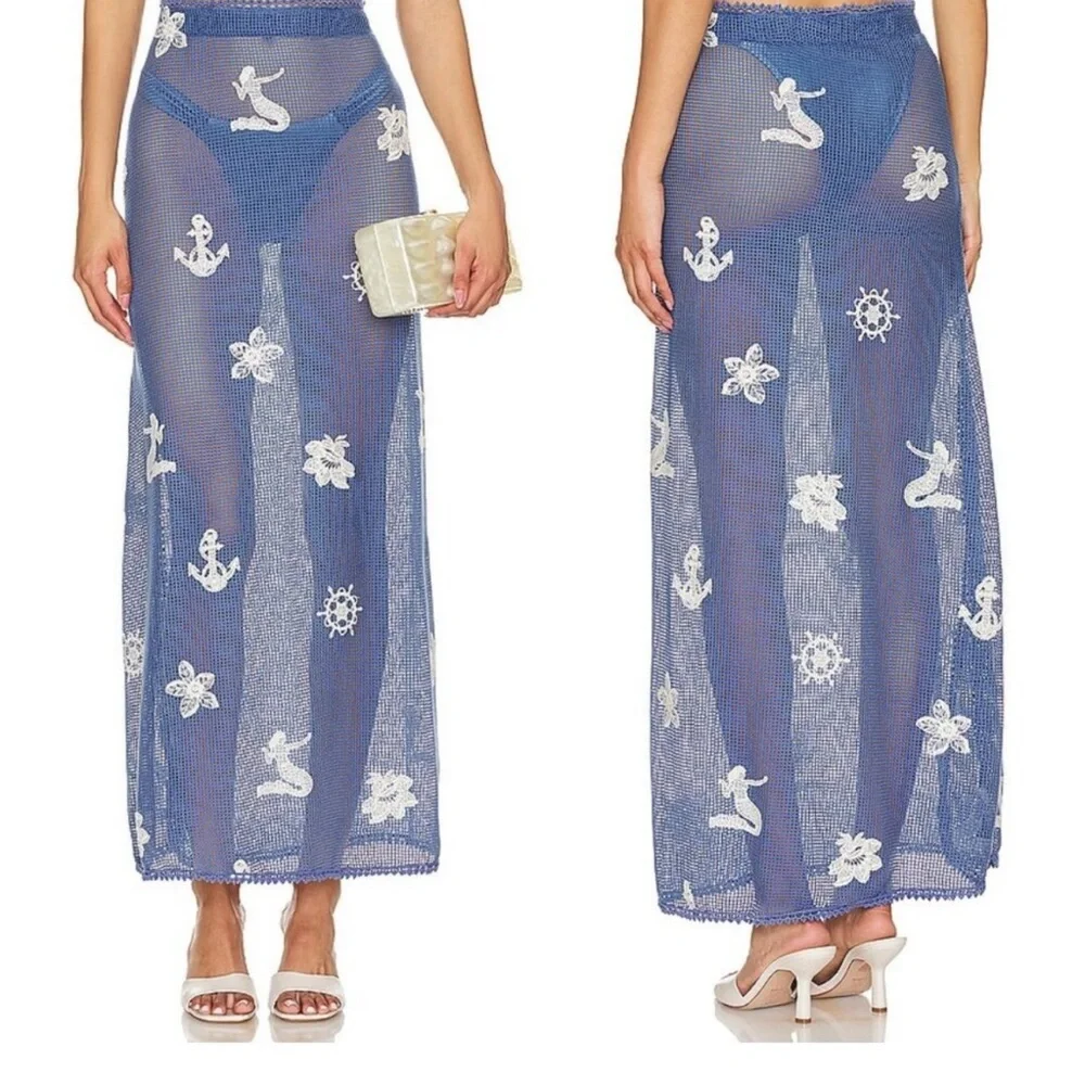 Agua Bendita Blue Sheer Skirt Set with White Nautical Embroidery - Picture 3 of 11